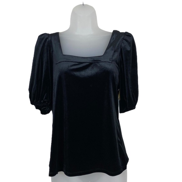 NEW CECE Black Short Puff Sleeve Velour Blouse Top Square Neck - Picture 1 of 6
